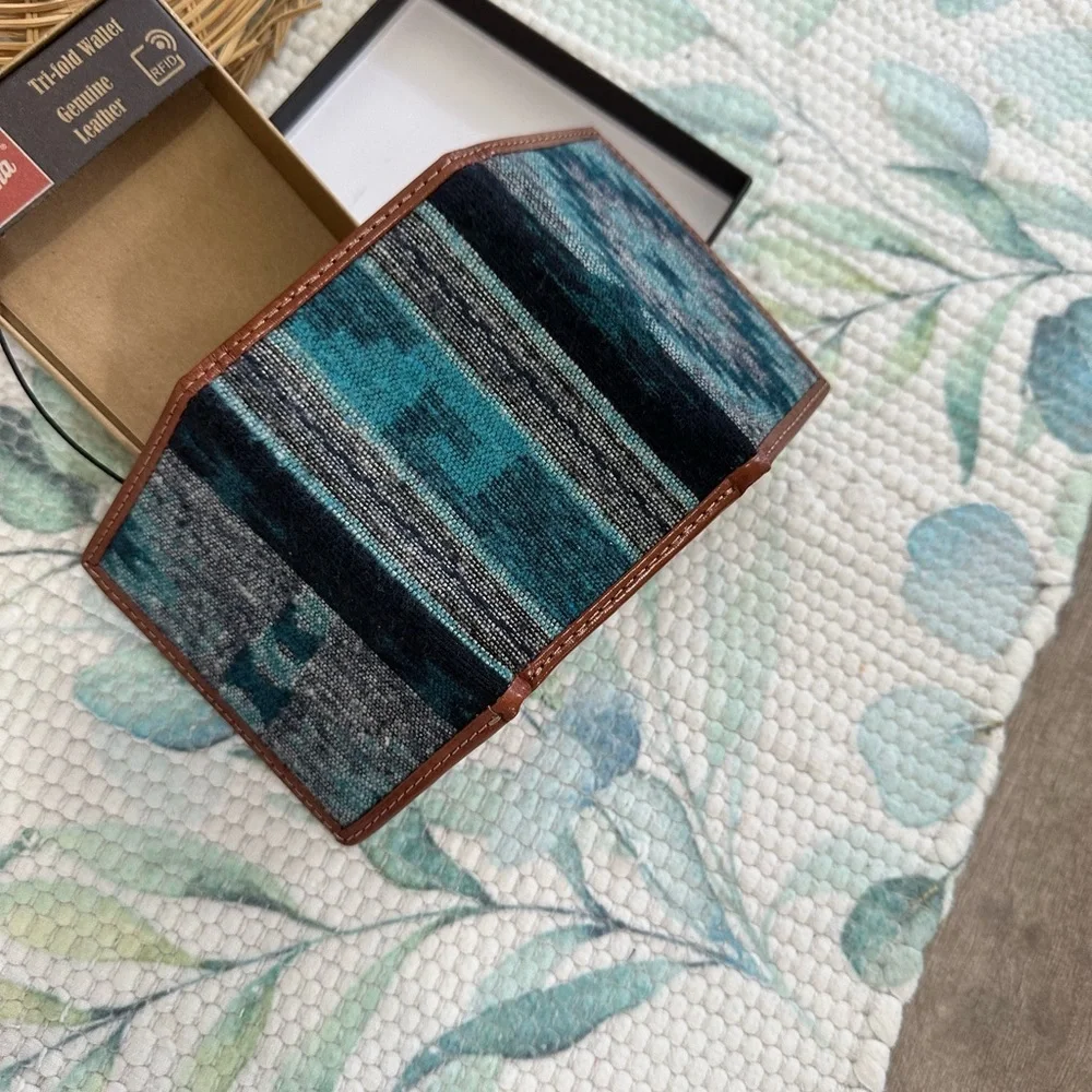 New Tony Lama Tri-Fold Wallet RFID Blue Aztec Canvas Leather Cowboy Western